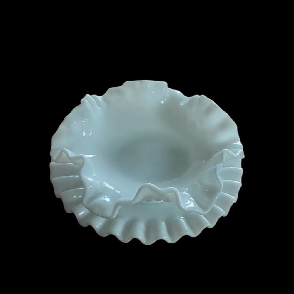 Vtg FENTON White Milk Glass Hobnail Ruffled Bowl & Saucer - Picture 1 of 5